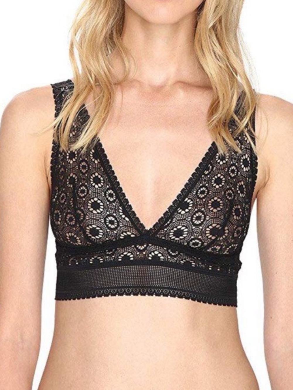 Else Coachella Plunge Wireless Soft Lace Bra Black Sz S